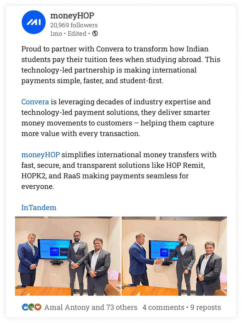 LinkedIn announcement of Convera and moneyHOP partnership